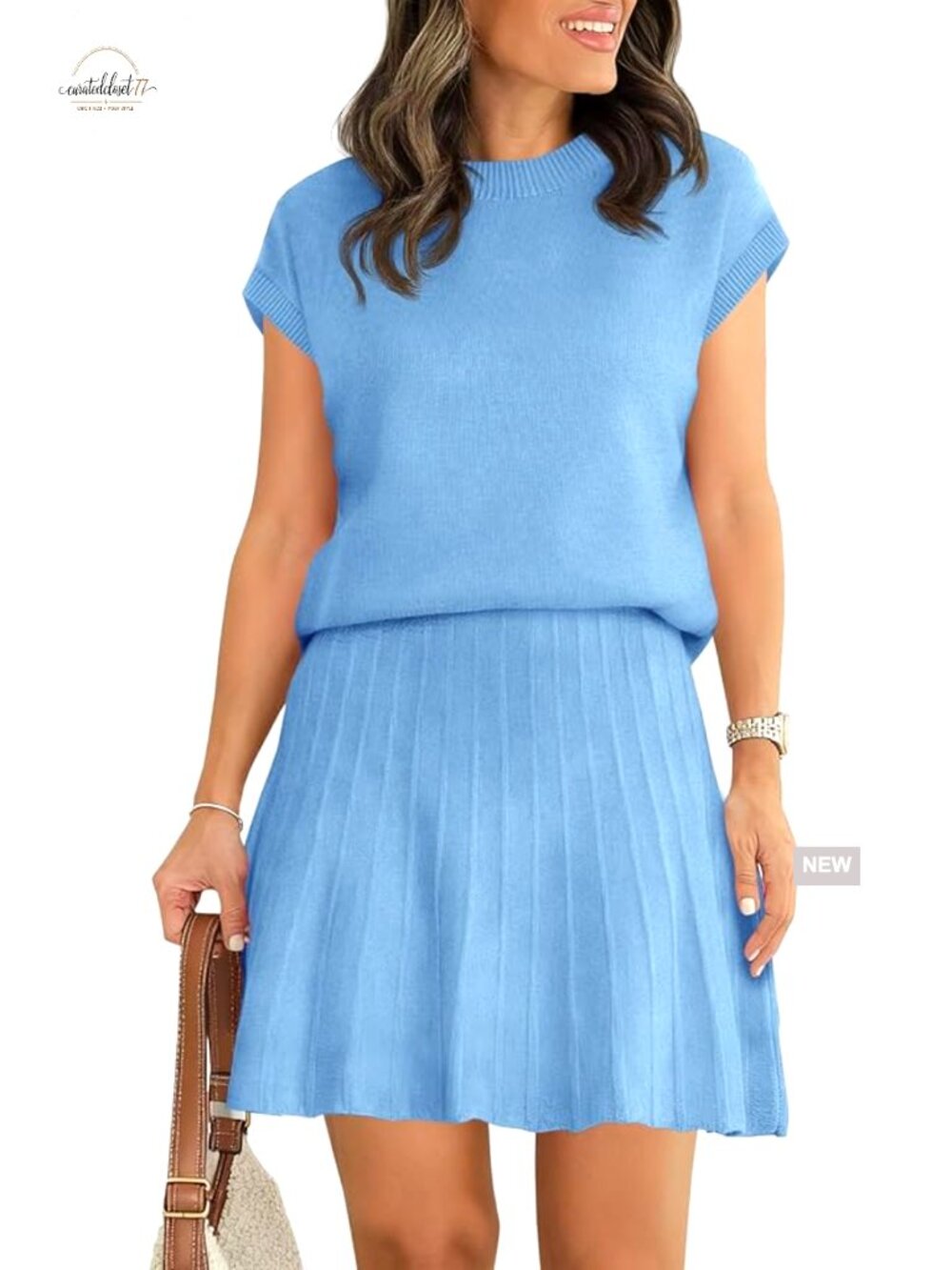 Medium Knit Matching Set Cap Sleeve Sweater Pleated Mini Skirt Lounge Wear